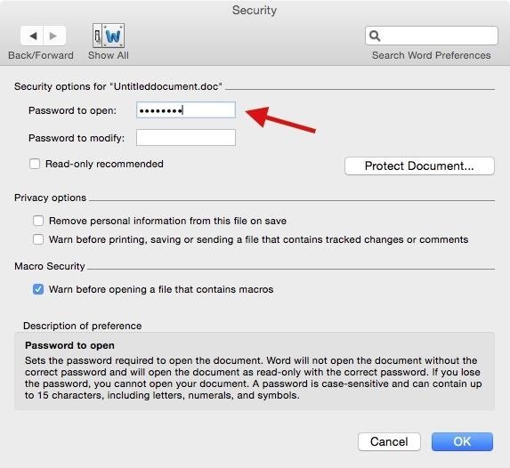 password protect word 2011 for mac